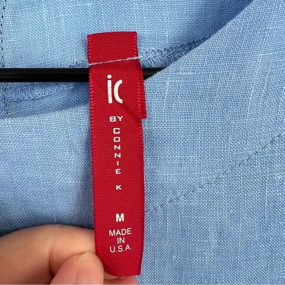 IC by Connie K Blue 100% Linen Drawstring Ruched 3/4 Sleeve Tunic Blouse Medium - Picture 4 of 9